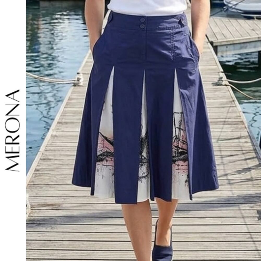Merona Nautical A-Line Panel Skirt Blue White Tall Ship Print Cotton Size 4